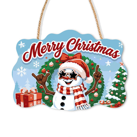 Star Shades Snowman in Wreath paint by numbers hanging sign – Snowman in a Santa hat, star sunglasses and striped scarf making rock-on gestures inside a holly wreath, on a wooden sign with a rope hanger