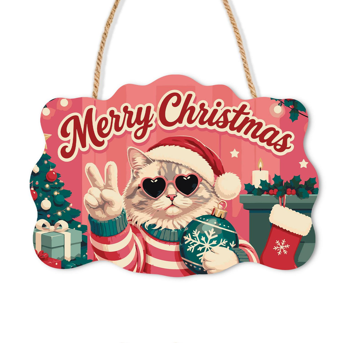 Heart Shades Cat with Bauble paint by numbers hanging sign – Cat in a Santa hat, heart sunglasses and striped sweater holding a snowflake ornament beside stockings, on a wooden sign with a rope hanger