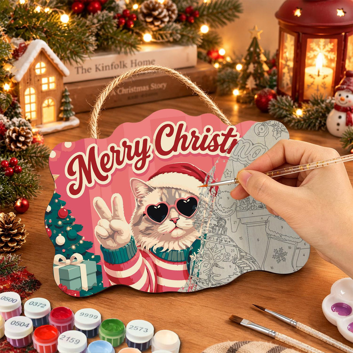 Heart Shades Cat with Bauble paint by numbers hanging sign – image 7