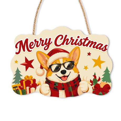 Grinning Corgi in Plaid Scarf paint by numbers hanging sign – Corgi in a Santa hat, sunglasses and plaid scarf giving two thumbs up among stars and gifts, on a wooden sign with a rope hanger