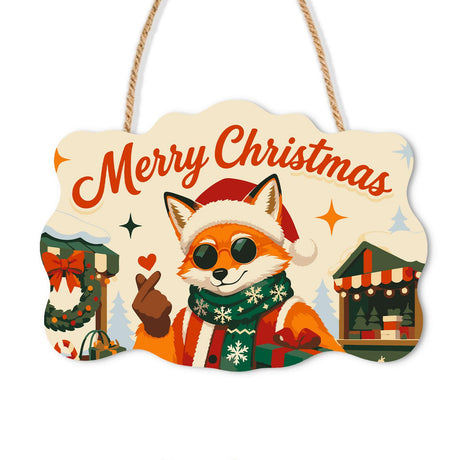 Finger Heart Fox at the Market paint by numbers hanging sign – Fox in a Santa hat, sunglasses and scarf making a finger heart in front of Christmas market stalls, on a wooden sign with a rope hanger