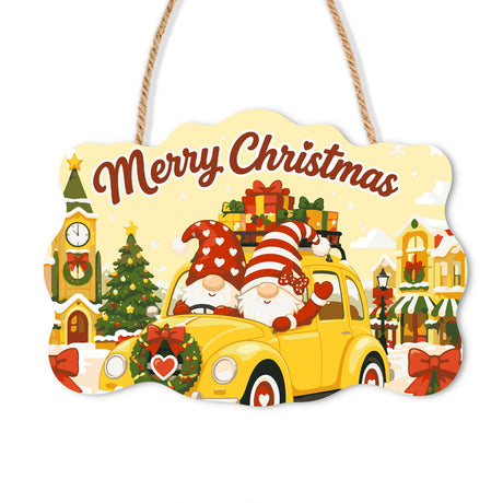 Gnomes Cruising in a Yellow Car paint by numbers hanging sign – Two gnomes in red hats driving a round yellow car piled with gifts through a snowy village with a clock tower, on a wooden sign with a rope hanger