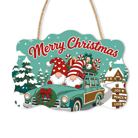 Retro Wagon Gnomes Heading Home paint by numbers hanging sign – Two gnomes driving a teal retro station wagon with a tree on the roof past a Joy Peace Love direction post, on a wooden sign with a rope hanger