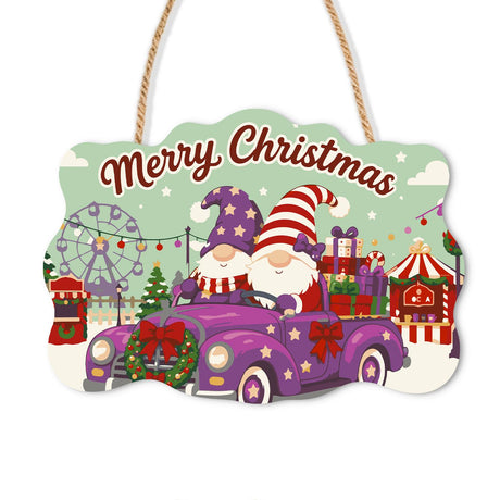 Purple Car Gnomes at the Fair paint by numbers hanging sign – Two gnomes driving a purple car full of gifts past a Ferris wheel and holiday fair stalls, on a wooden sign with a rope hanger