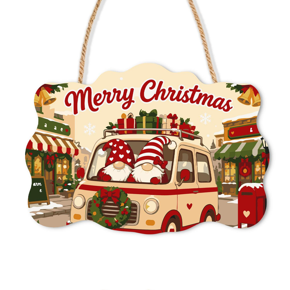 Camper Van Gnomes on Main Street paint by numbers hanging sign – Two gnomes in a cream and red camper van with a wreath on the front and gifts on the roof along a shop street, on a wooden sign with a rope hanger