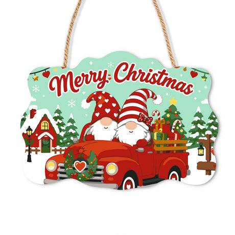 Red Pickup Gnomes with a Tree paint by numbers hanging sign – Two gnomes driving a red pickup truck carrying a Christmas tree and gifts through a snowy village, on a wooden sign with a rope hanger