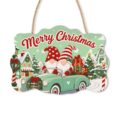 Gnomes in a Mint Convertible paint by numbers hanging sign – Two gnomes driving a mint green convertible with gifts through a snowy village with candy cane poles, on a wooden sign with a rope hanger