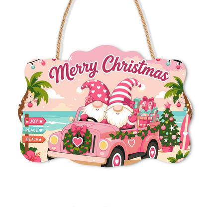 Seaside Gnomes in a Pink Truck paint by numbers hanging sign – Two gnomes in pink polka-dot hats driving a pink truck with a wreath along a palm beach with a Joy Peace Beach post, on a wooden sign with a rope hanger
