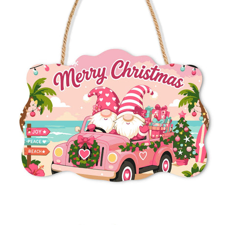Seaside Gnomes in a Pink Truck paint by numbers hanging sign – Two gnomes in pink polka-dot hats driving a pink truck with a wreath along a palm beach with a Joy Peace Beach post, on a wooden sign with a rope hanger