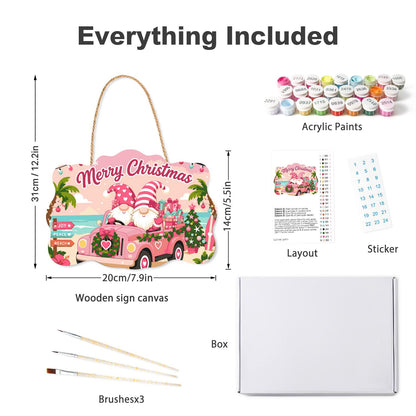 Seaside Gnomes in a Pink Truck paint by numbers hanging sign – what's in the kit: the wooden sign, rope hanger, numbered paints and brushes