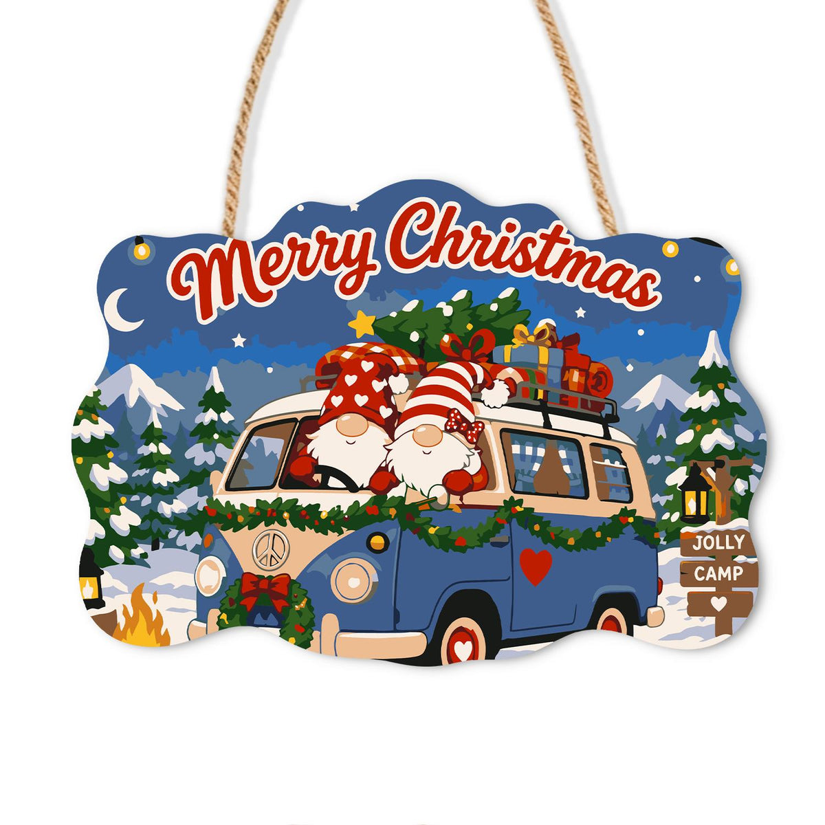 Blue Camper Gnomes by Campfire paint by numbers hanging sign – Two gnomes in a blue camper van with a tree on the roof beside a campfire and a Jolly Camp post under snowy peaks, on a wooden sign with a rope hanger
