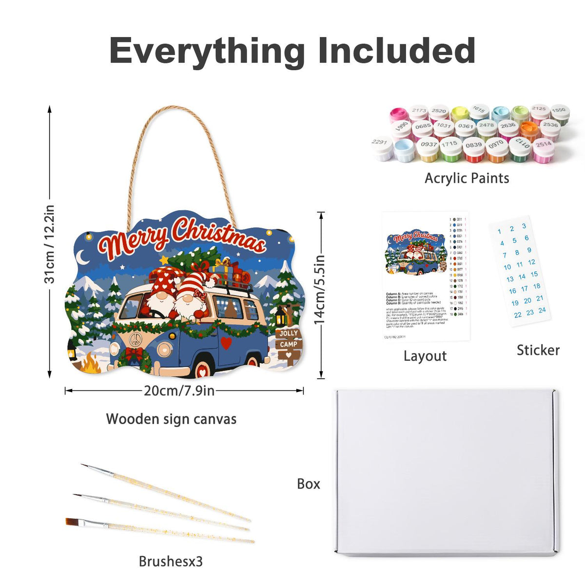 Blue Camper Gnomes by Campfire paint by numbers hanging sign – what's in the kit: the wooden sign, rope hanger, numbered paints and brushes