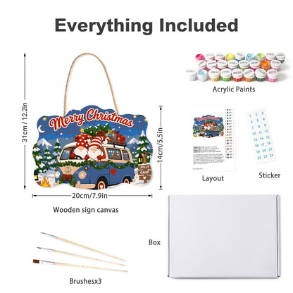 Blue Camper Gnomes by Campfire paint by numbers hanging sign – what's in the kit: the wooden sign, rope hanger, numbered paints and brushes