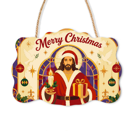 Stained Glass Jesus in Santa Coat paint by numbers hanging sign – Jesus with a halo in a Santa hat and red coat holding a candle and gift before a stained-glass window, on a wooden sign with a rope hanger