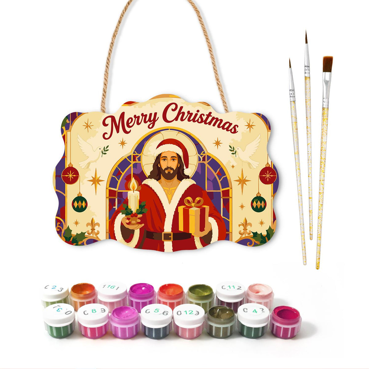 Stained Glass Jesus in Santa Coat paint by numbers hanging sign – image 2