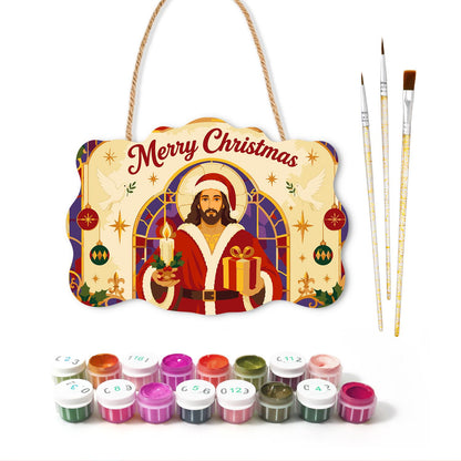 Stained Glass Jesus in Santa Coat paint by numbers hanging sign – image 2