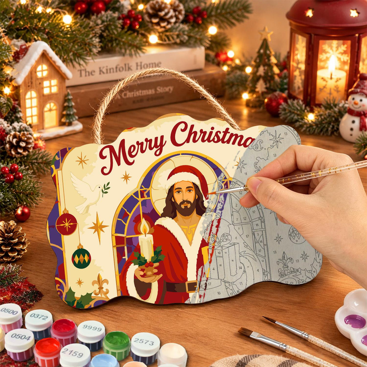 Stained Glass Jesus in Santa Coat paint by numbers hanging sign – image 7