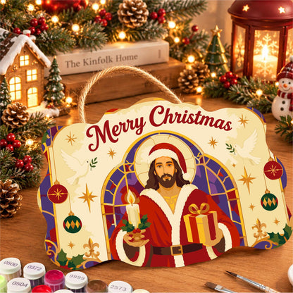 Stained Glass Jesus in Santa Coat paint by numbers hanging sign – image 8