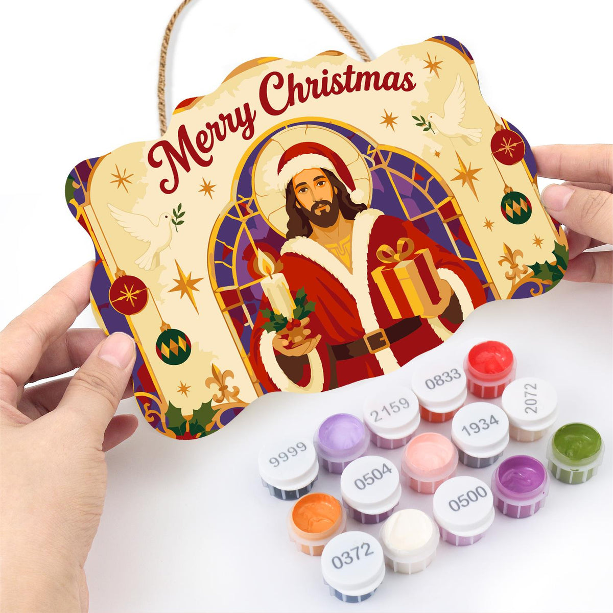 Stained Glass Jesus in Santa Coat paint by numbers hanging sign – image 9