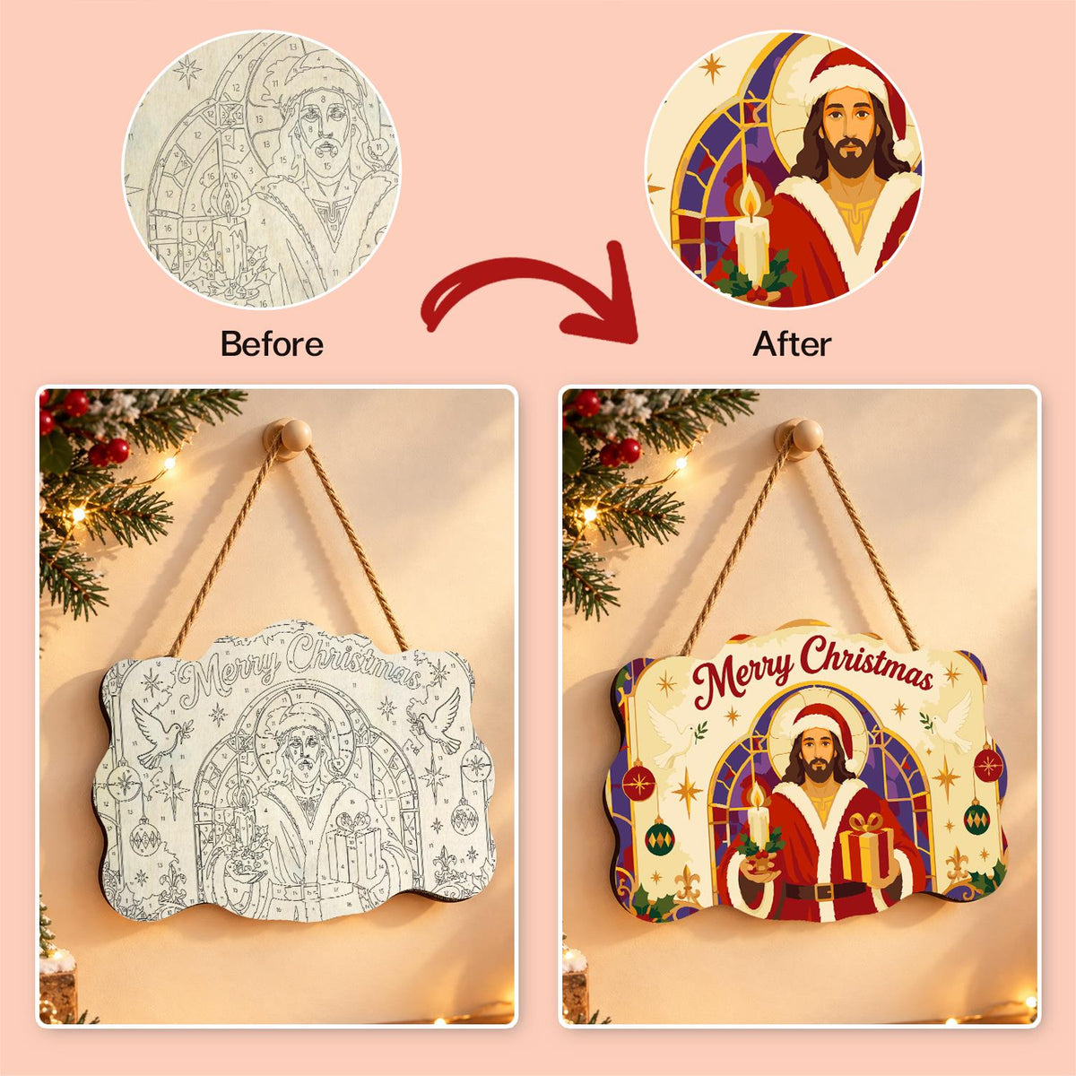 Stained Glass Jesus in Santa Coat paint by numbers hanging sign – image 10