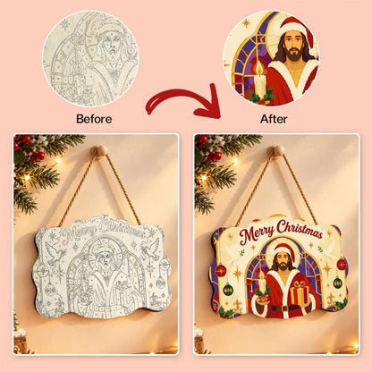 Stained Glass Jesus in Santa Coat paint by numbers hanging sign – image 10