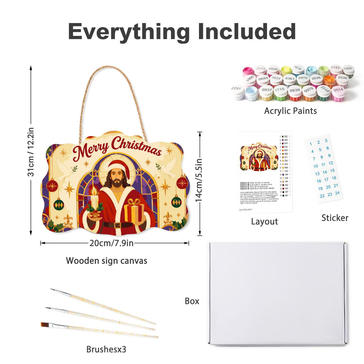 Stained Glass Jesus in Santa Coat paint by numbers hanging sign – what's in the kit: the wooden sign, rope hanger, numbered paints and brushes