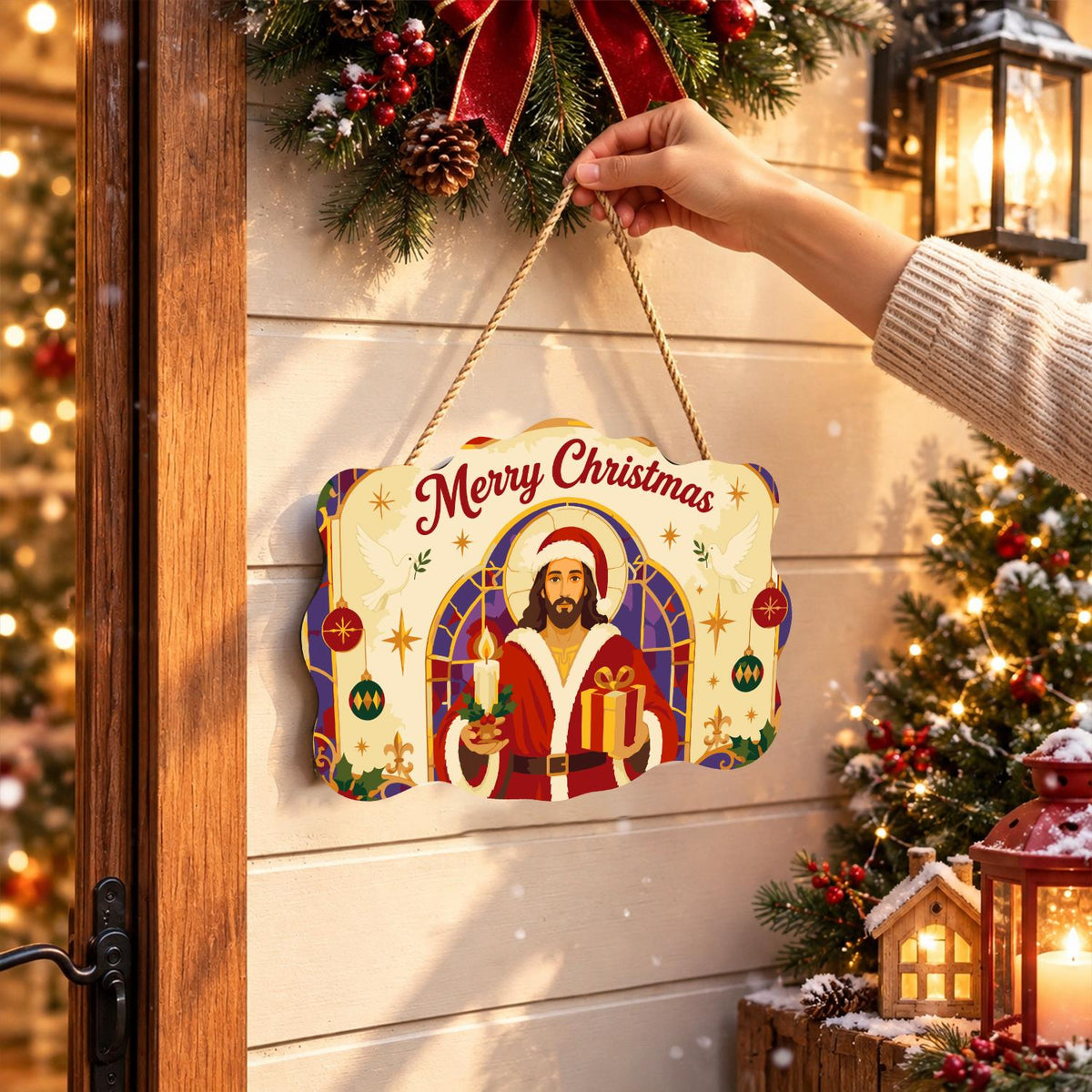 Stained Glass Jesus in Santa Coat paint by numbers hanging sign – image 14