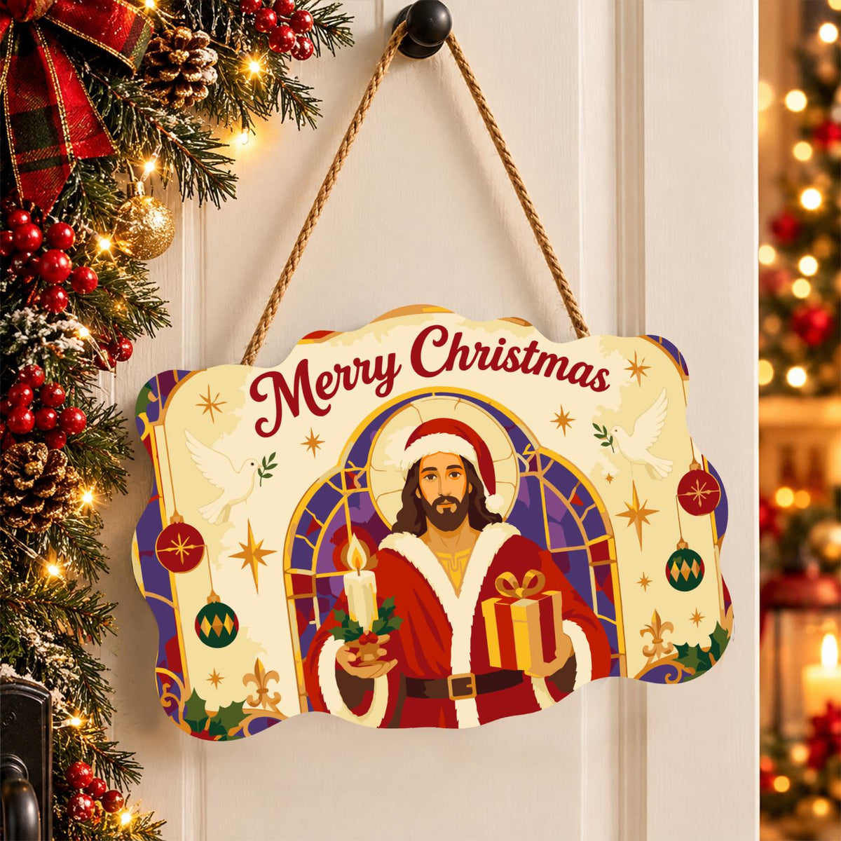 Stained Glass Jesus in Santa Coat paint by numbers hanging sign – image 16