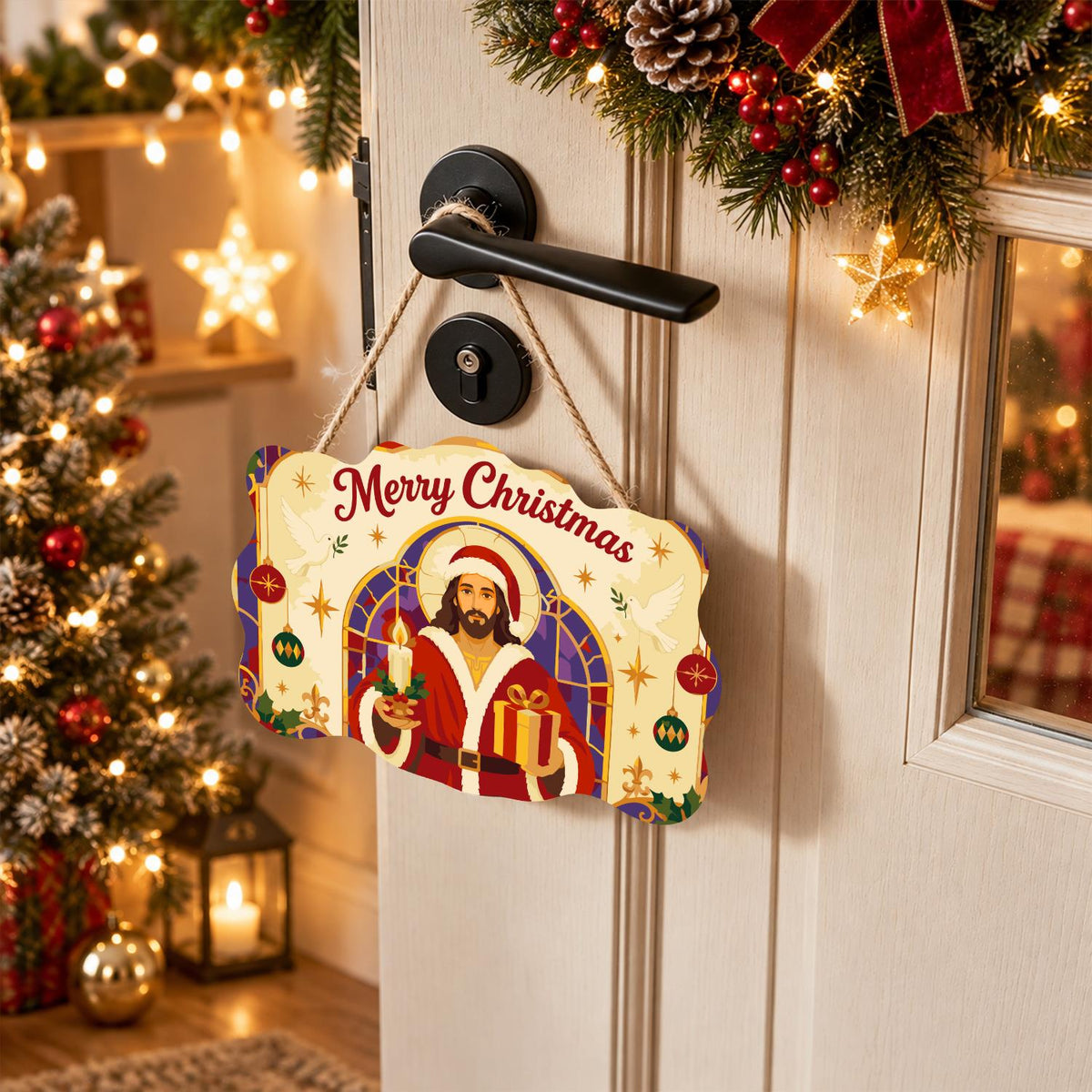 Stained Glass Jesus in Santa Coat paint by numbers hanging sign – image 18