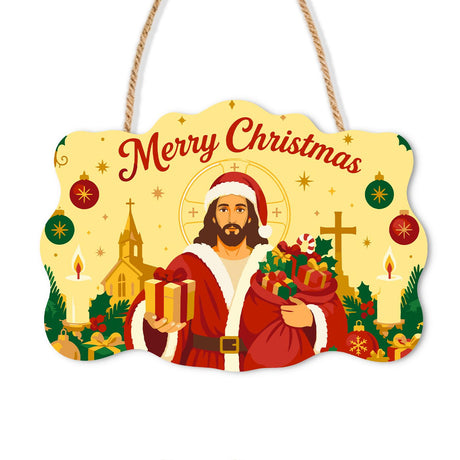 Santa-Suited Jesus by the Church paint by numbers hanging sign – Haloed Jesus in a Santa hat and red coat holding a gift and toy sack beside a church steeple and cross, on a wooden sign with a rope hanger