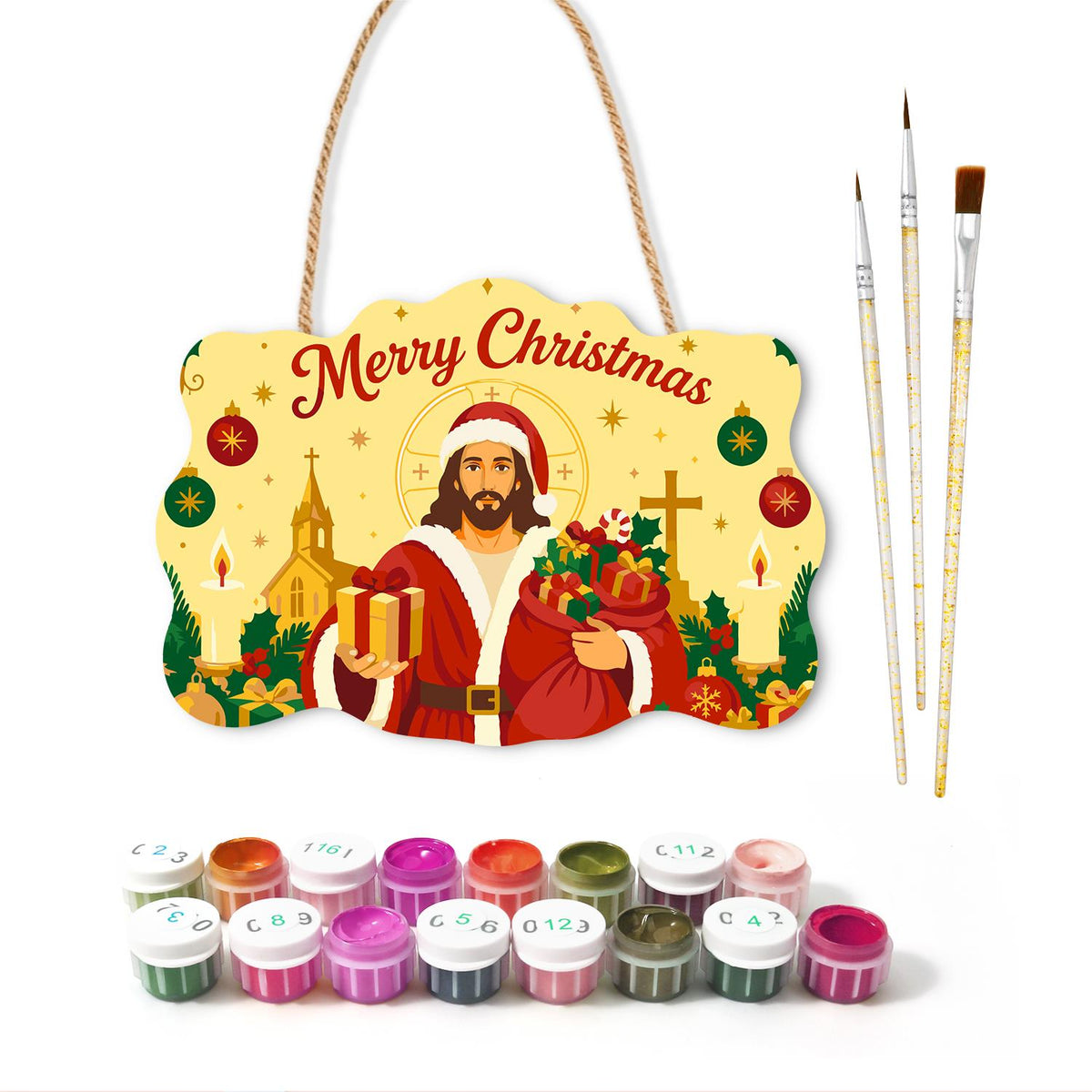 Santa-Suited Jesus by the Church paint by numbers hanging sign – image 2
