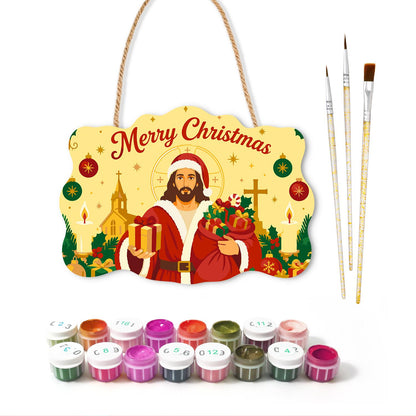 Santa-Suited Jesus by the Church paint by numbers hanging sign – image 2