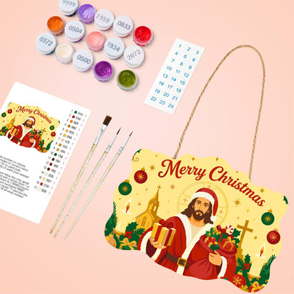Santa-Suited Jesus by the Church paint by numbers hanging sign – image 4