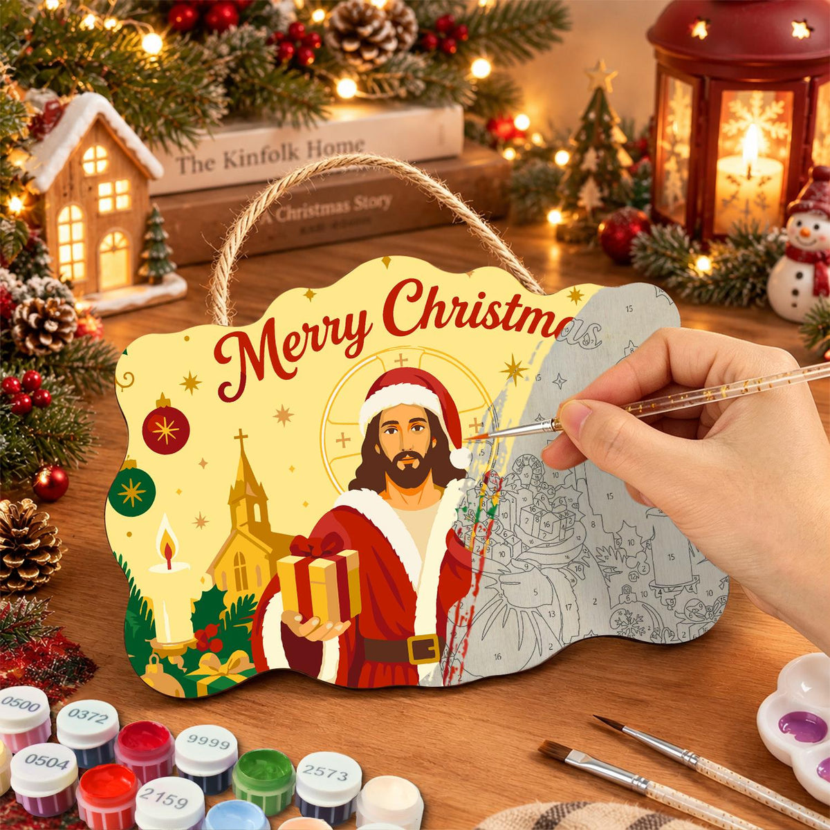 Santa-Suited Jesus by the Church paint by numbers hanging sign – image 7