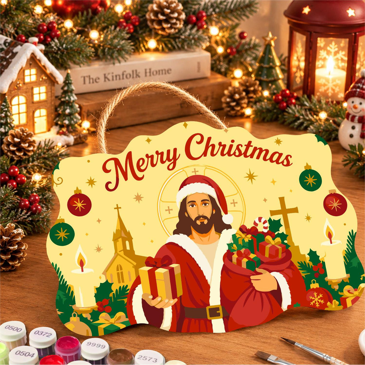 Santa-Suited Jesus by the Church paint by numbers hanging sign – image 8
