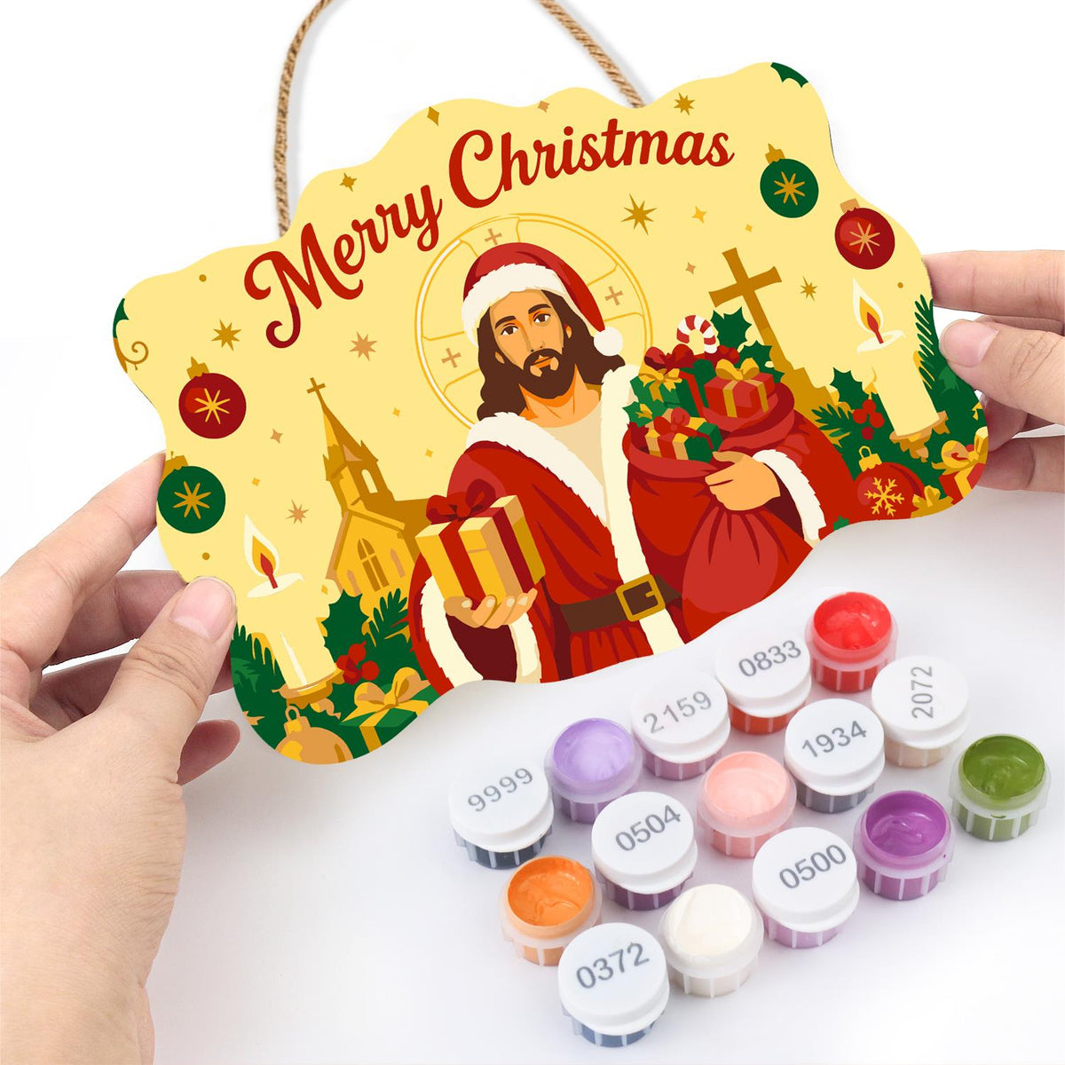 Santa-Suited Jesus by the Church paint by numbers hanging sign – image 9