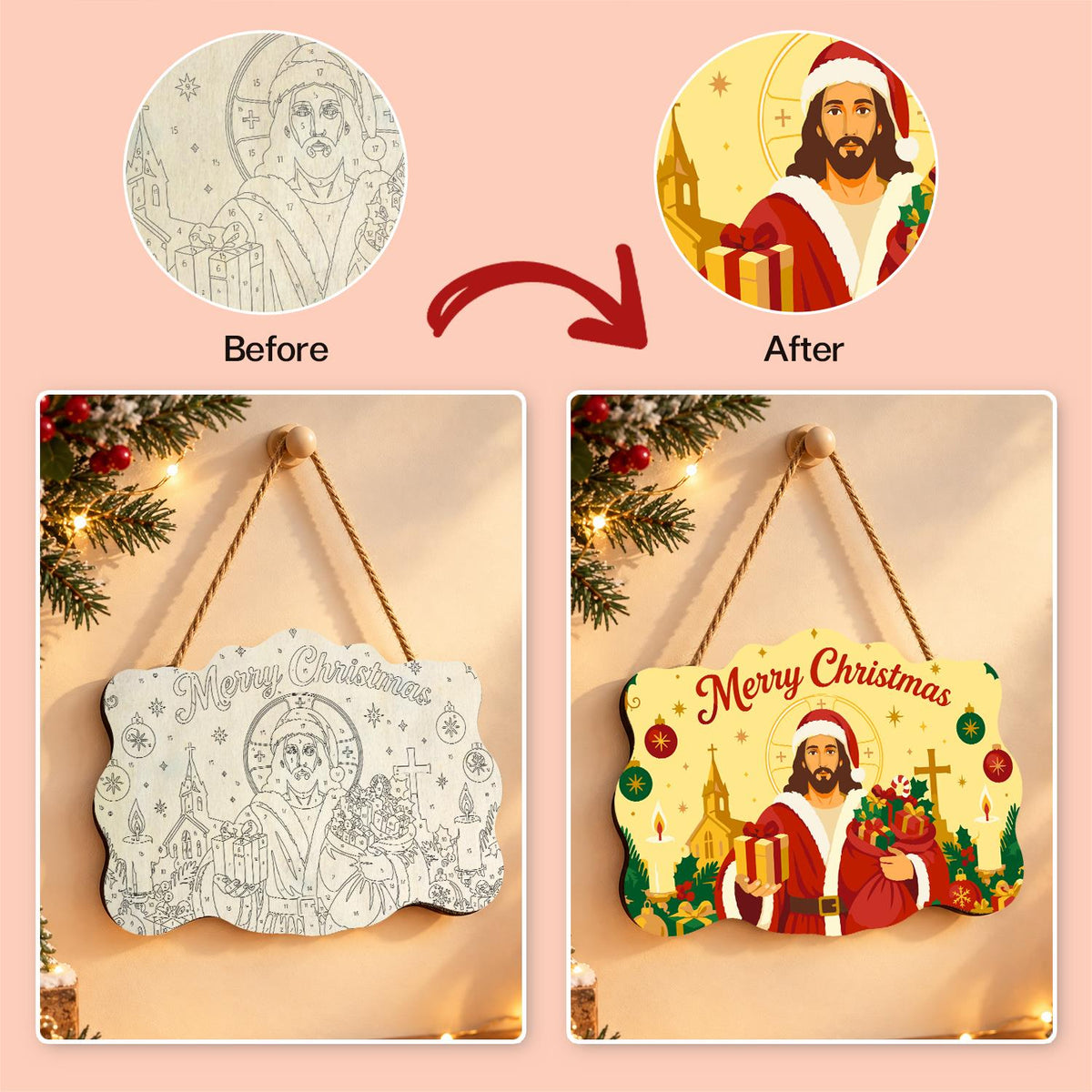 Santa-Suited Jesus by the Church paint by numbers hanging sign – image 10