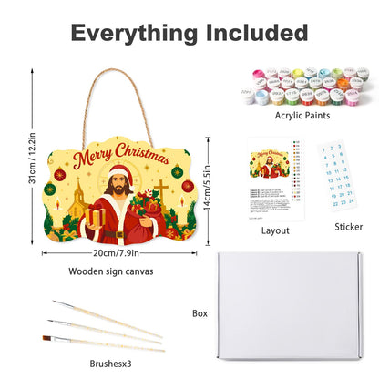 Santa-Suited Jesus by the Church paint by numbers hanging sign – what's in the kit: the wooden sign, rope hanger, numbered paints and brushes
