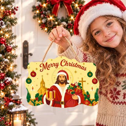 Santa-Suited Jesus by the Church paint by numbers hanging sign – image 13