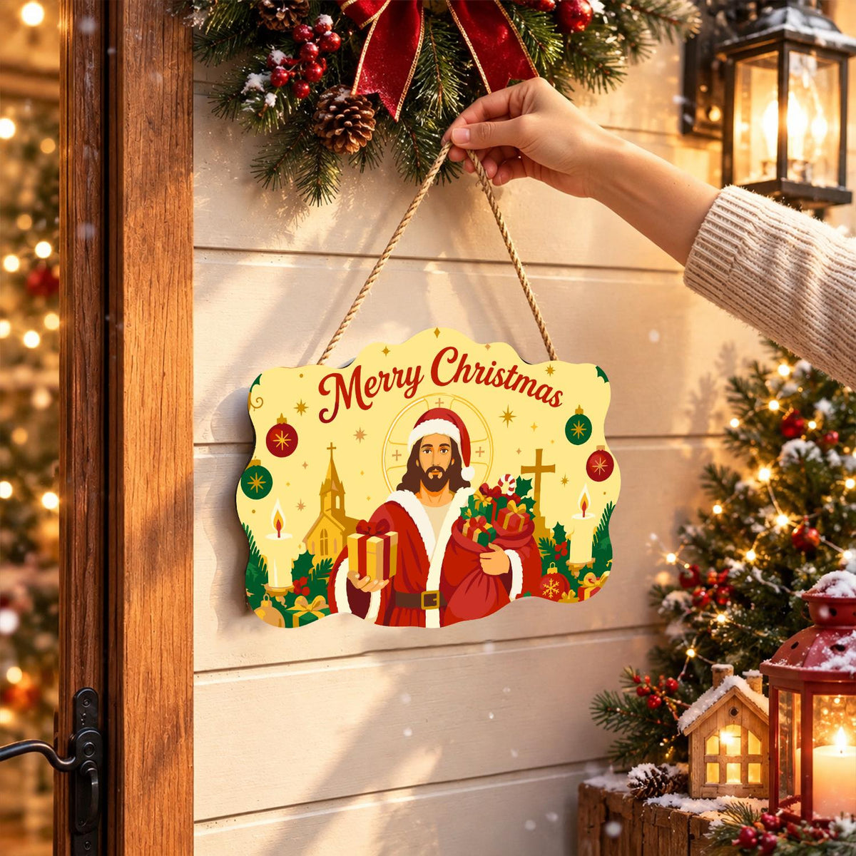 Santa-Suited Jesus by the Church paint by numbers hanging sign – image 14