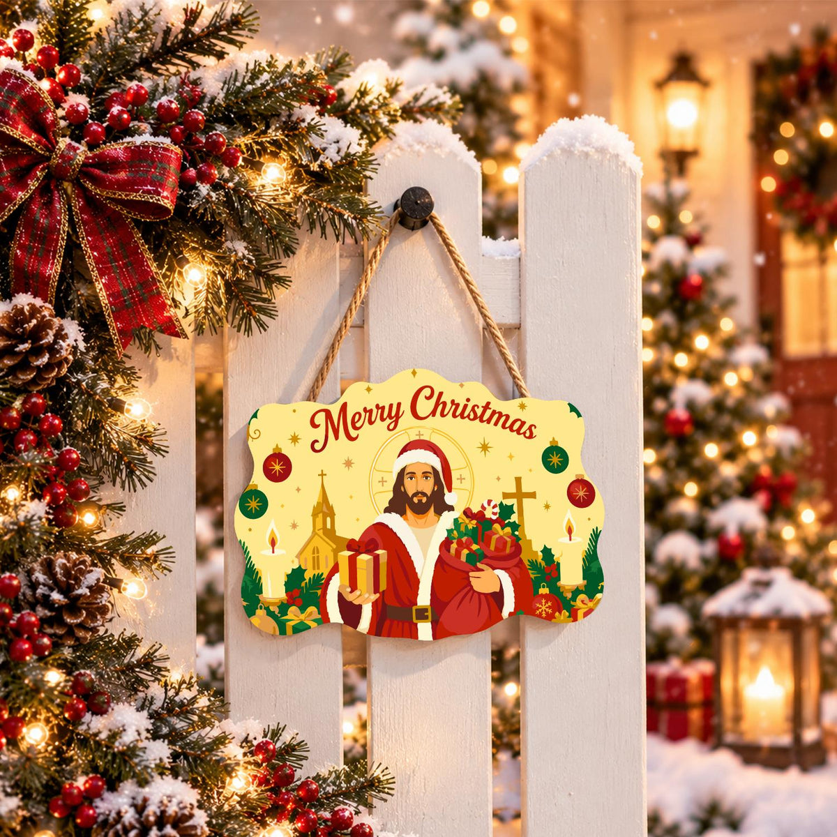 Santa-Suited Jesus by the Church paint by numbers hanging sign – image 15