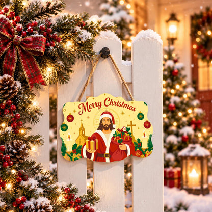Santa-Suited Jesus by the Church paint by numbers hanging sign – image 15