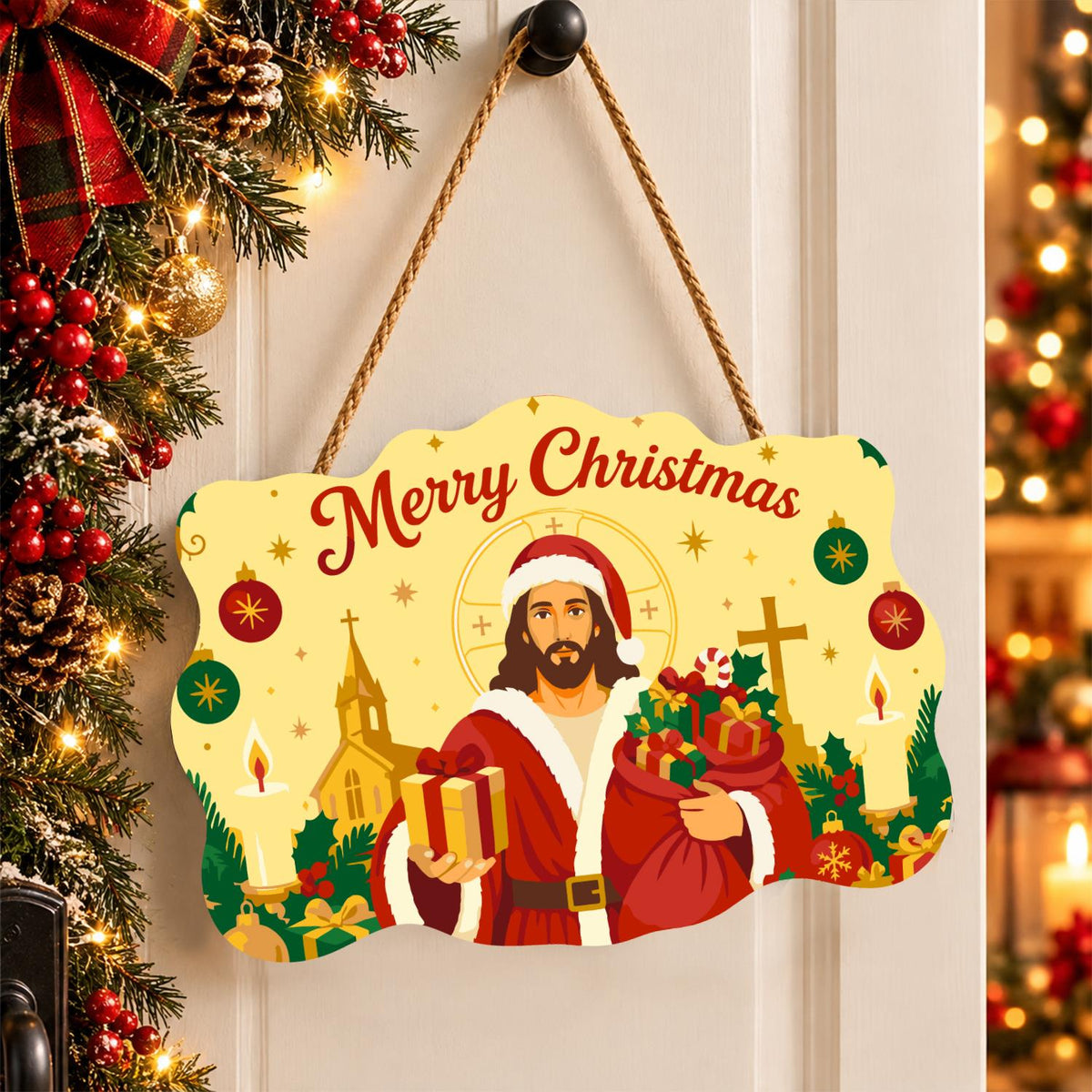 Santa-Suited Jesus by the Church paint by numbers hanging sign – image 16