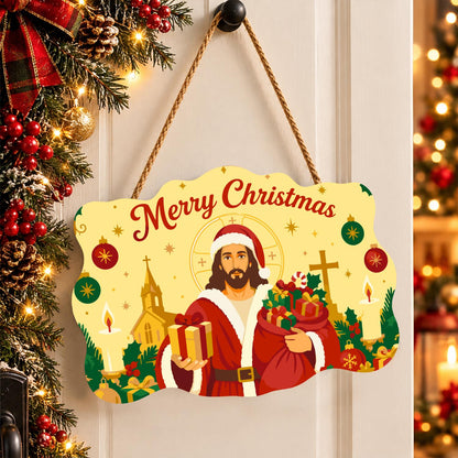 Santa-Suited Jesus by the Church paint by numbers hanging sign – image 16
