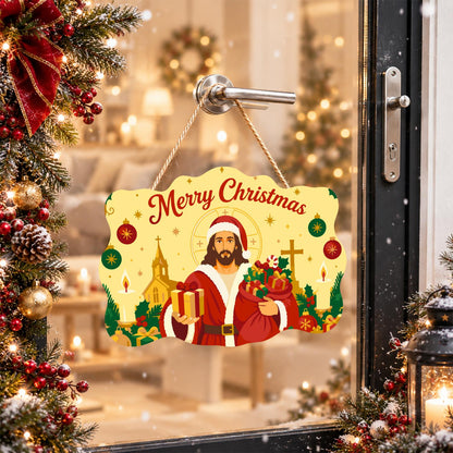Santa-Suited Jesus by the Church paint by numbers hanging sign – image 17