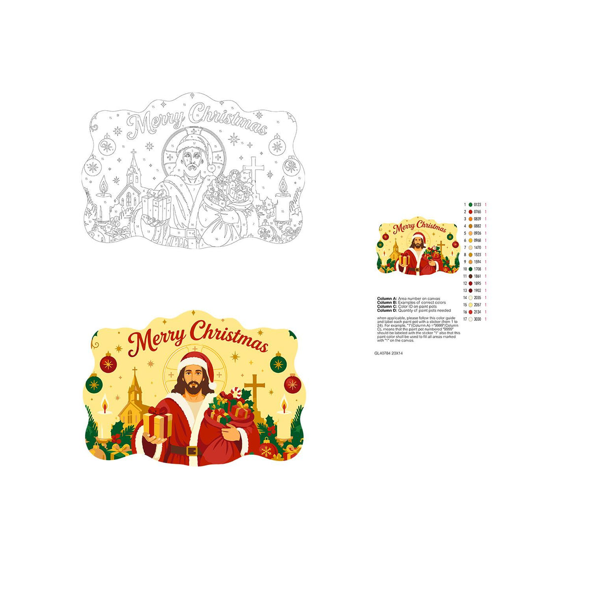 Santa-Suited Jesus by the Church paint by numbers hanging sign – image 19