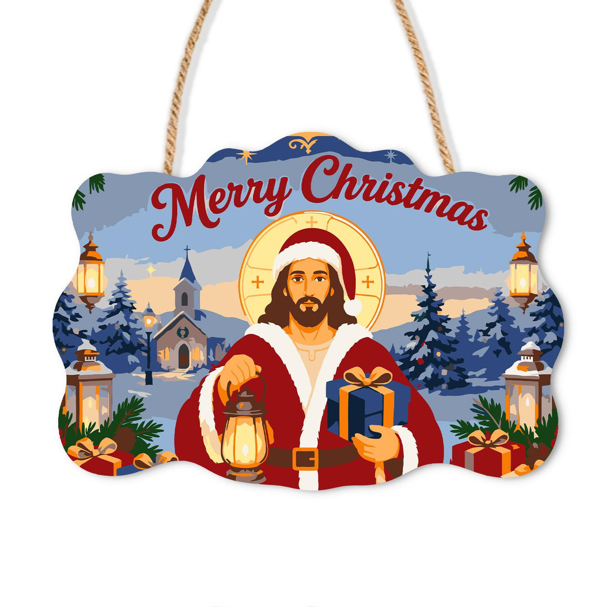 Jesus in Santa Red with Lantern paint by numbers hanging sign – Haloed Jesus in a Santa hat and red coat holding a lantern and gift before a snowy village church, on a wooden sign with a rope hanger