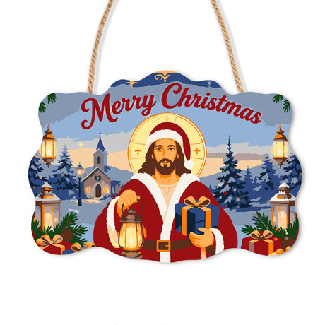 Jesus in Santa Red with Lantern paint by numbers hanging sign – Haloed Jesus in a Santa hat and red coat holding a lantern and gift before a snowy village church, on a wooden sign with a rope hanger