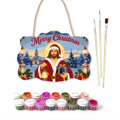 Jesus in Santa Red with Lantern paint by numbers hanging sign – image 2