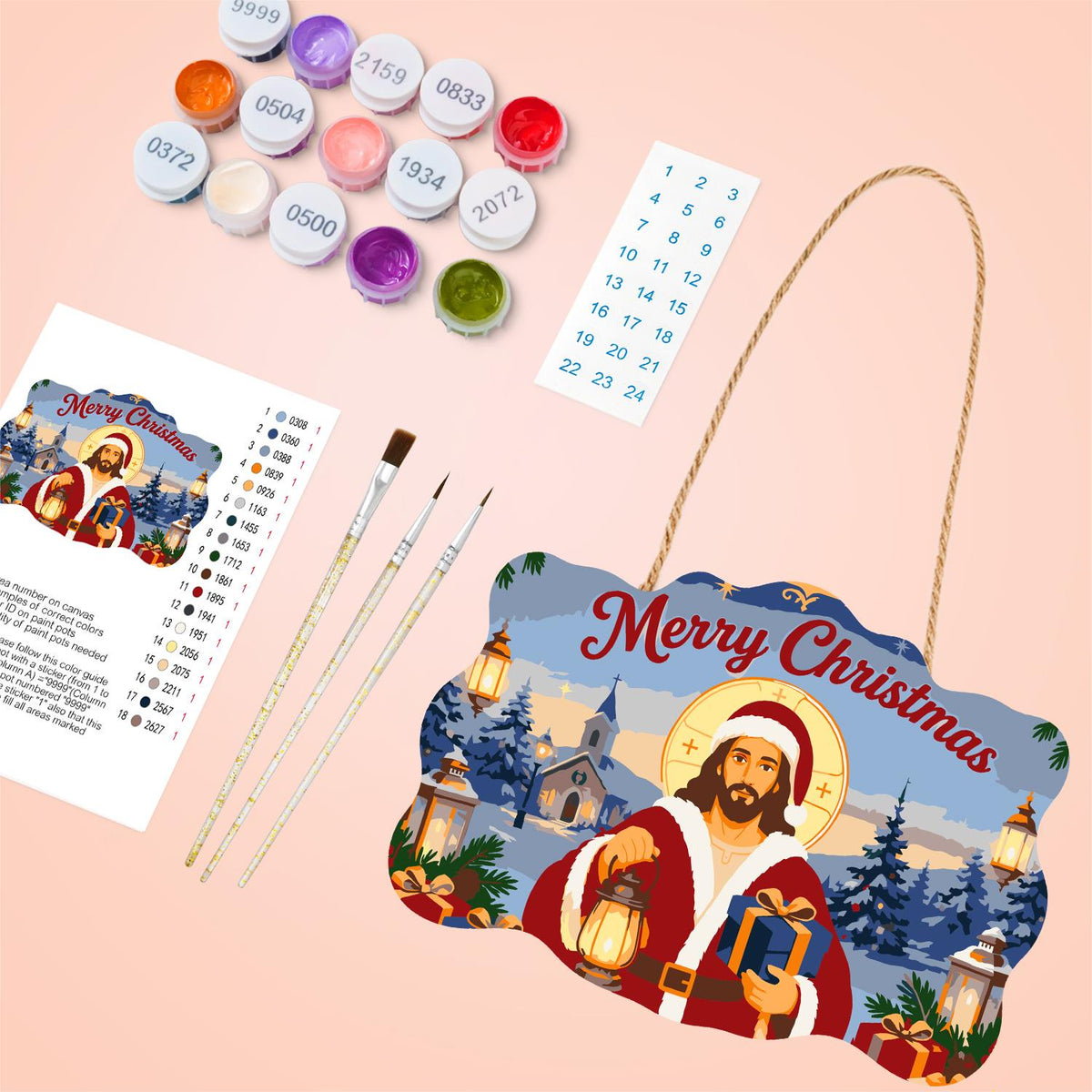 Jesus in Santa Red with Lantern paint by numbers hanging sign – image 4